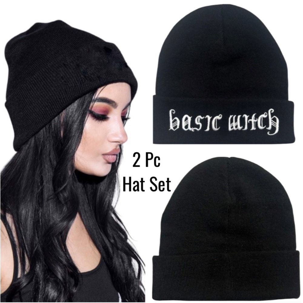 Knit Beanie Hat Basic Witch Graphic Knit Hat Bundle Black Sweater Beanie Hat Set